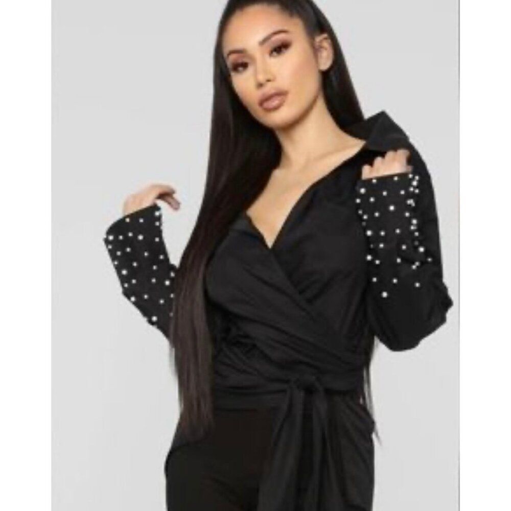 Nylon Apparel Women Black Wrap Faux Pearl Long Sleeve Shirt Size XS
